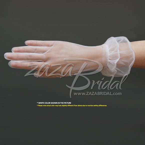 Gorgeous Sheer Gloves with Double Ruffle Cuff Slip-on Wrist Length 2BL - Picture 2 of 3